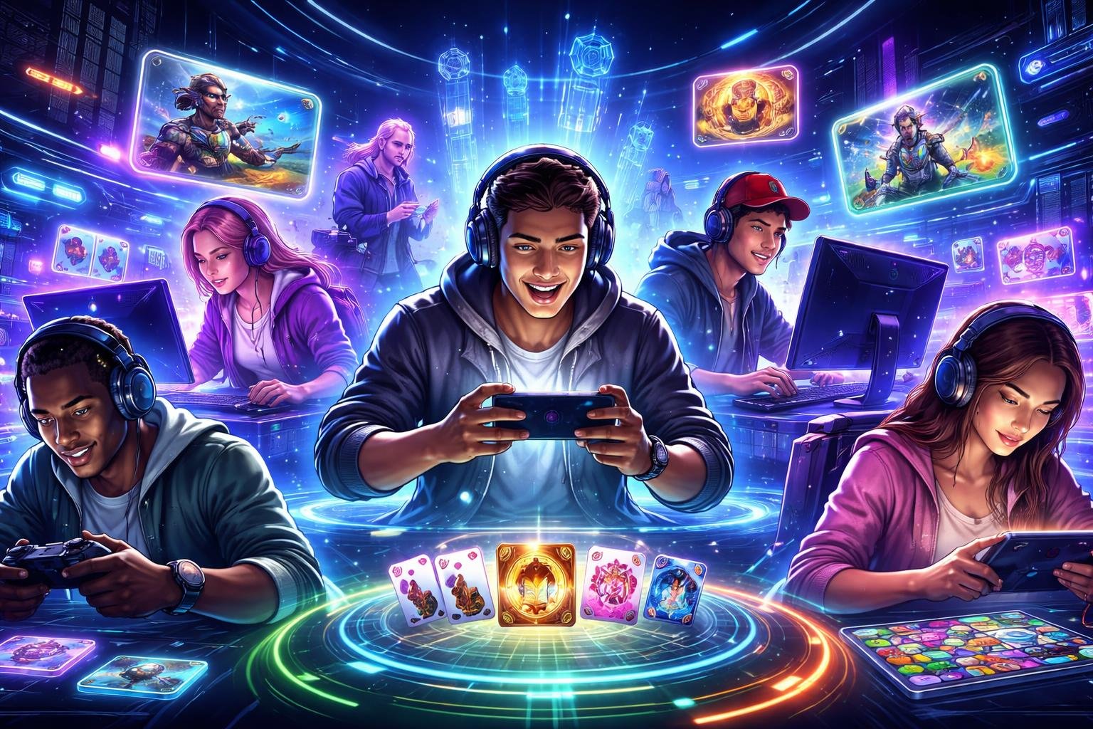 Adegan 3D dari arena permainan online futuristik dengan beberapa avatar pemain yang sedang bermain dan lingkungan digital yang penuh warna dan cahaya neon.