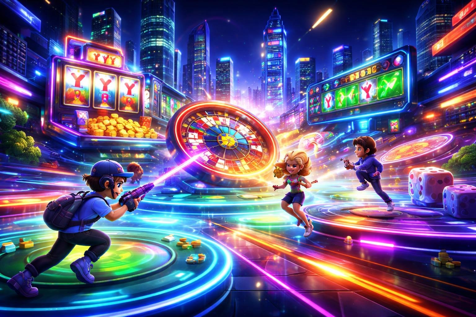 Pemandangan arena permainan online dengan karakter animasi dan elemen futuristik yang berwarna-warni, menunjukkan suasana bermain game yang seru dan menyenangkan.