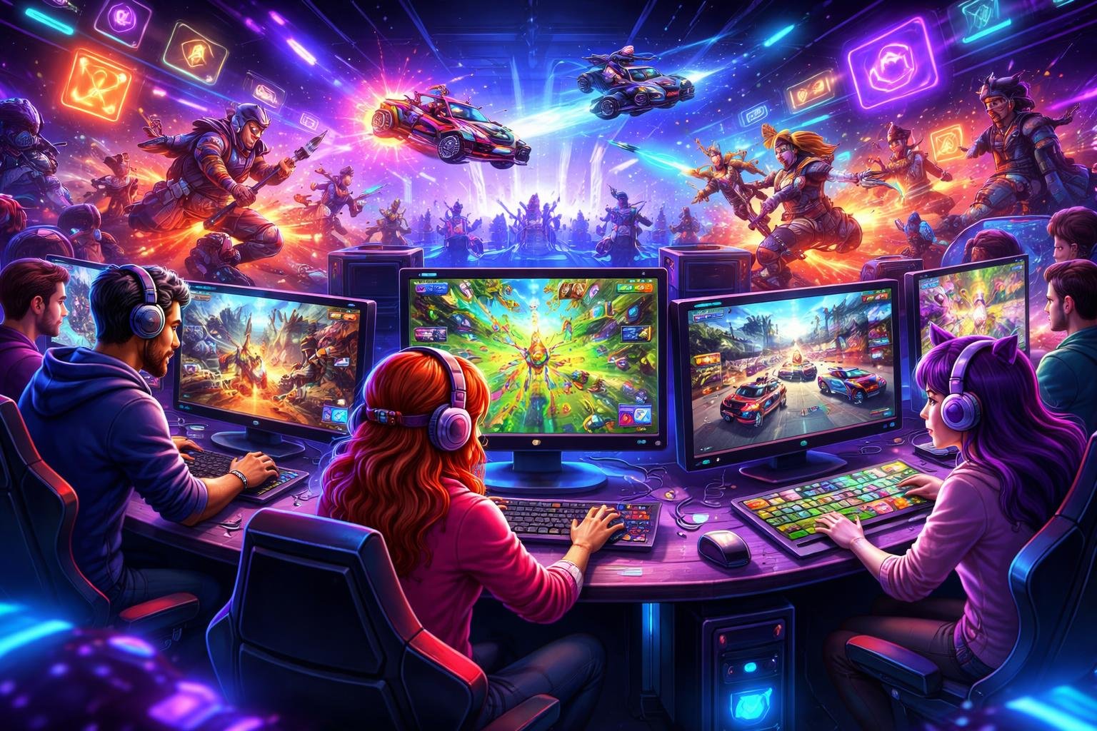 Suasana ramai dengan karakter-karakter bermain berbagai permainan online di lingkungan digital yang penuh warna dan cahaya neon.