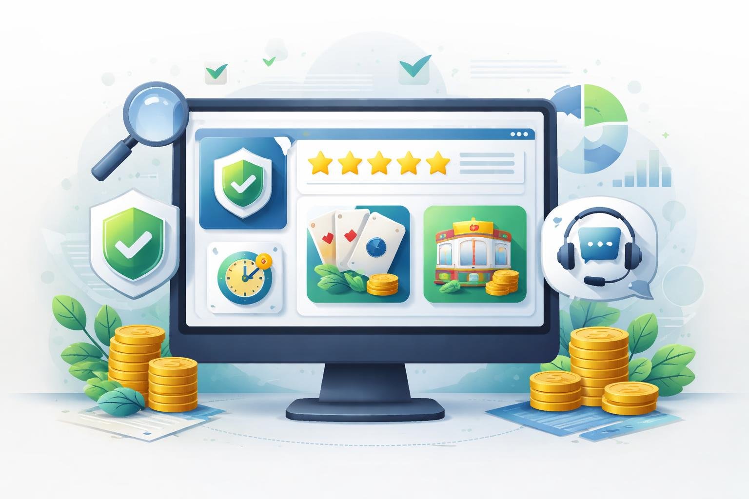 A Computer Screen Showing Icons Representing Key Features Of Online Casino Reviews, Including Security, Ratings, Payout Speed, Game Variety, And Customer Support.