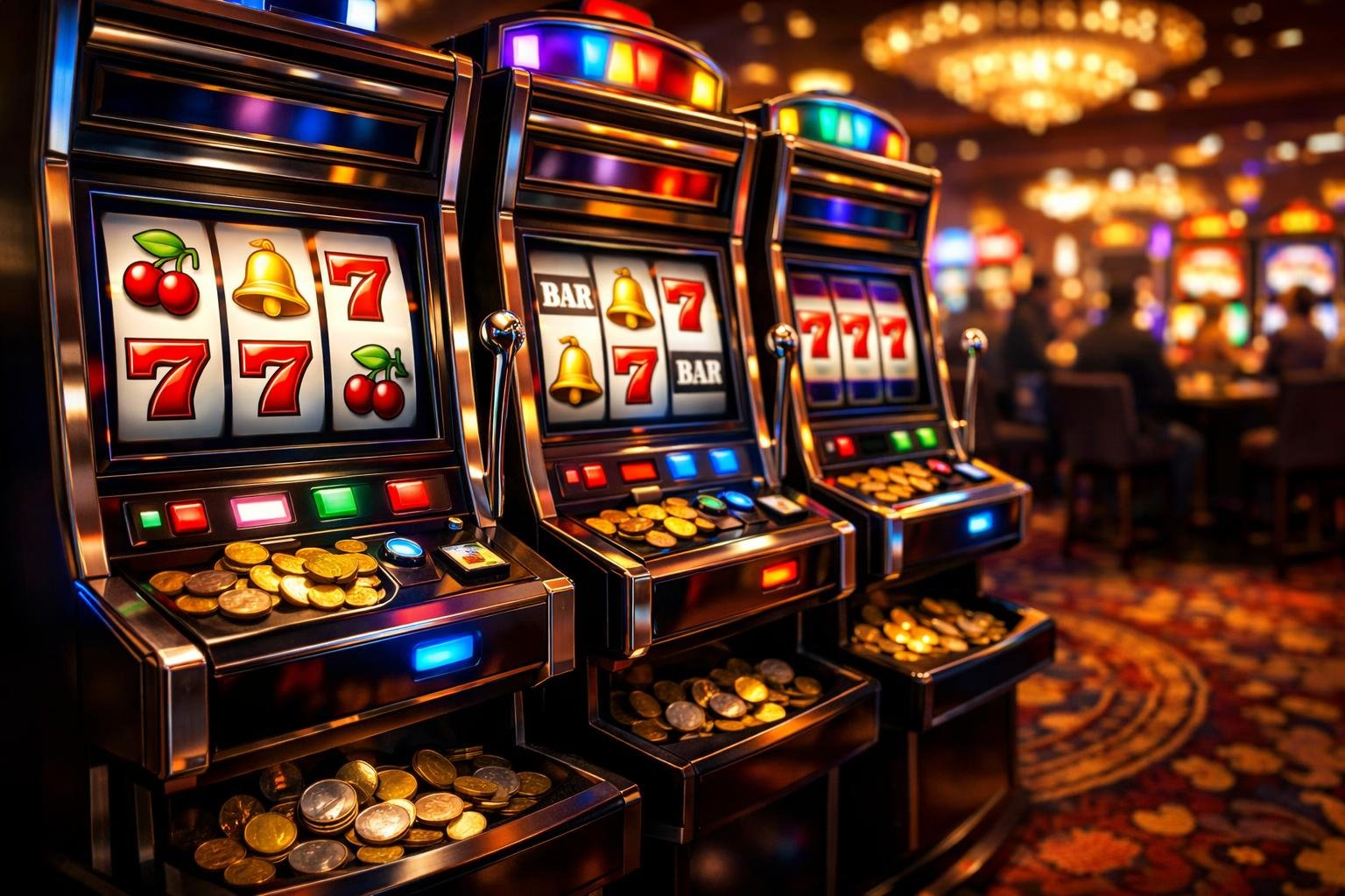 A Row Of Colorful Slot Machines With Glowing Buttons And Coins On A Casino Floor With People In The Background.