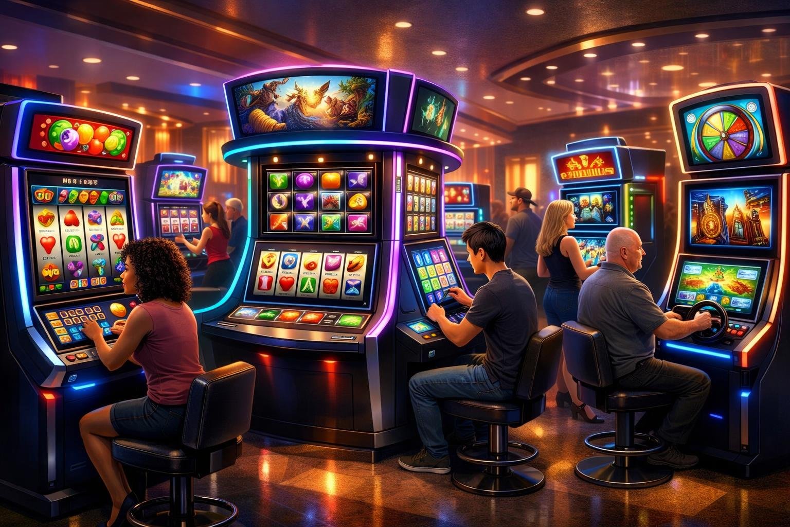 A Casino Floor With Modern Slot Machines Featuring Colorful Lights And Diverse Players Enjoying Different Types Of Games.