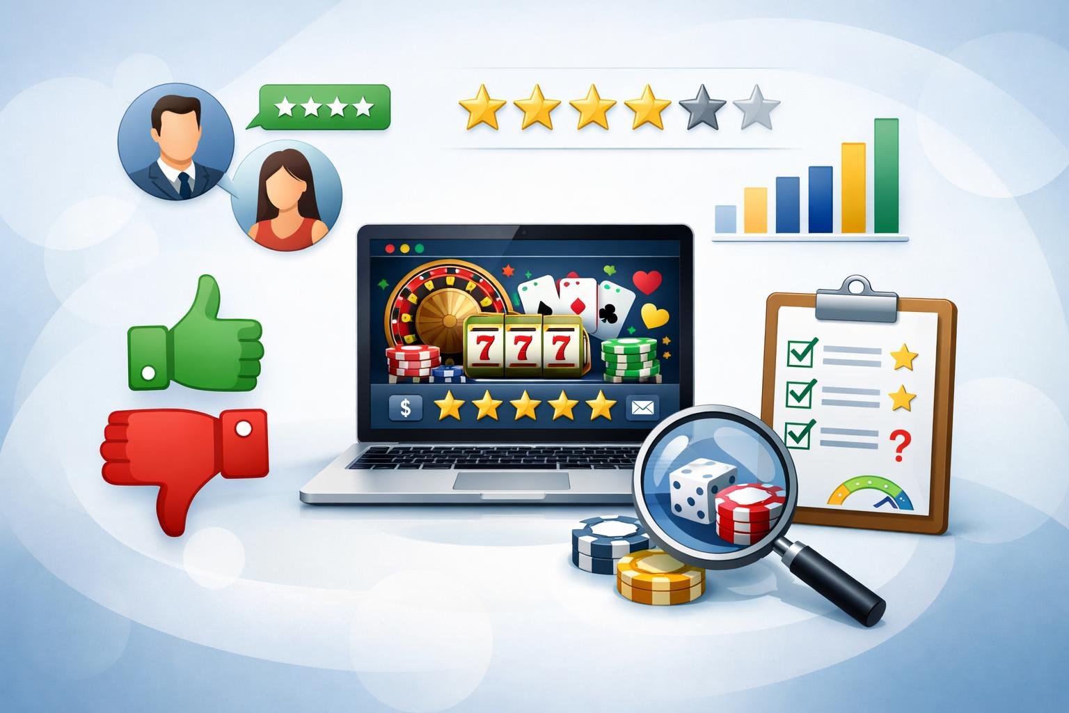 A Person Reviewing Online Casino Information On A Laptop Surrounded By Floating Review Cards And CasinoRelated Icons.