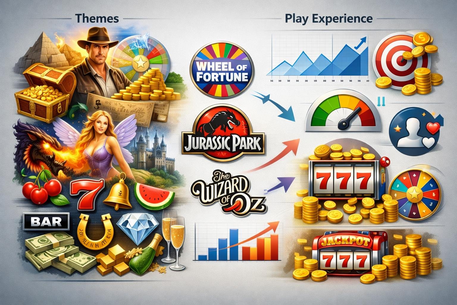 A Casino Floor With Rows Of Colorful Slot Machines Showing Various Symbols And A Player Pressing A Button With Coins Coming Out.