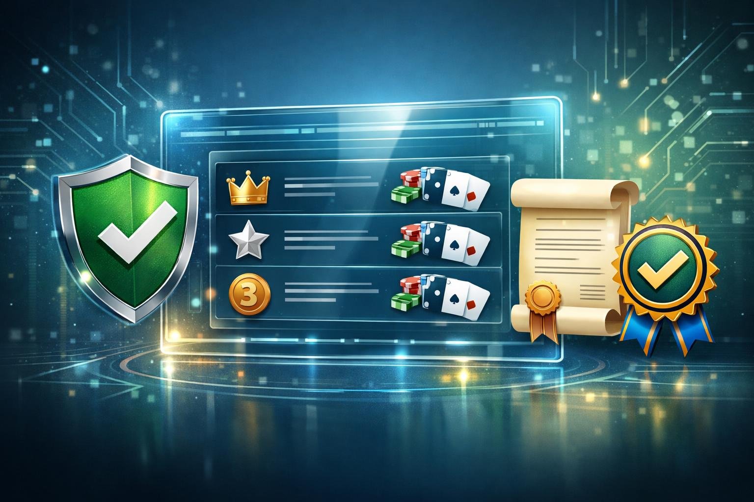 A Digital Interface Displaying A Ranked List Of Online Casinos With Icons Representing Security, Legal Verification, And Licensing.