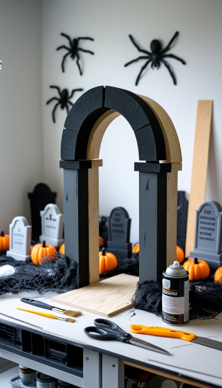 A partially built Halloween cemetery arch on a workbench surrounded by crafting tools and Halloween decorations.
