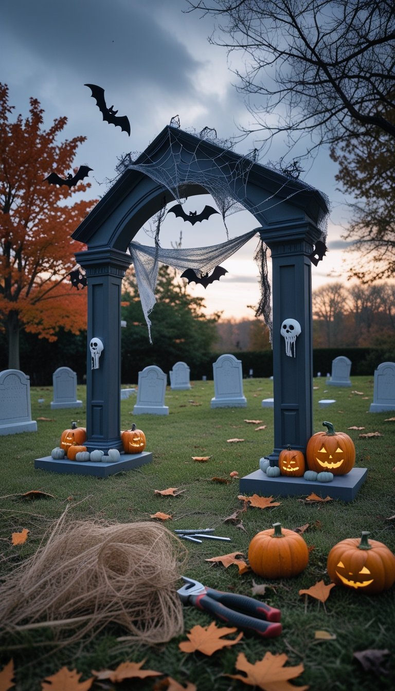 An outdoor scene showing a wooden Halloween cemetery archway decorated with cobwebs, bats, and pumpkins, surrounded by tombstones and autumn leaves.
