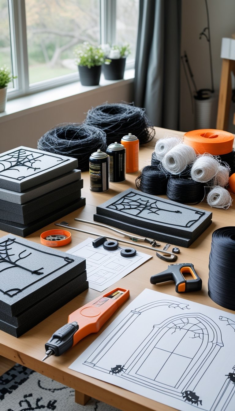 A table with tools and materials for making a Halloween cemetery arch, including foam boards, spray paint, glue guns, and crafting supplies.