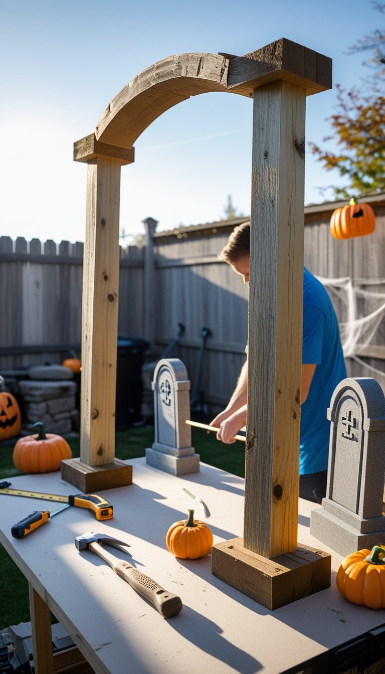 A person building wooden pillars and an arch frame outdoors for a Halloween cemetery arch project with tools and decorations nearby.