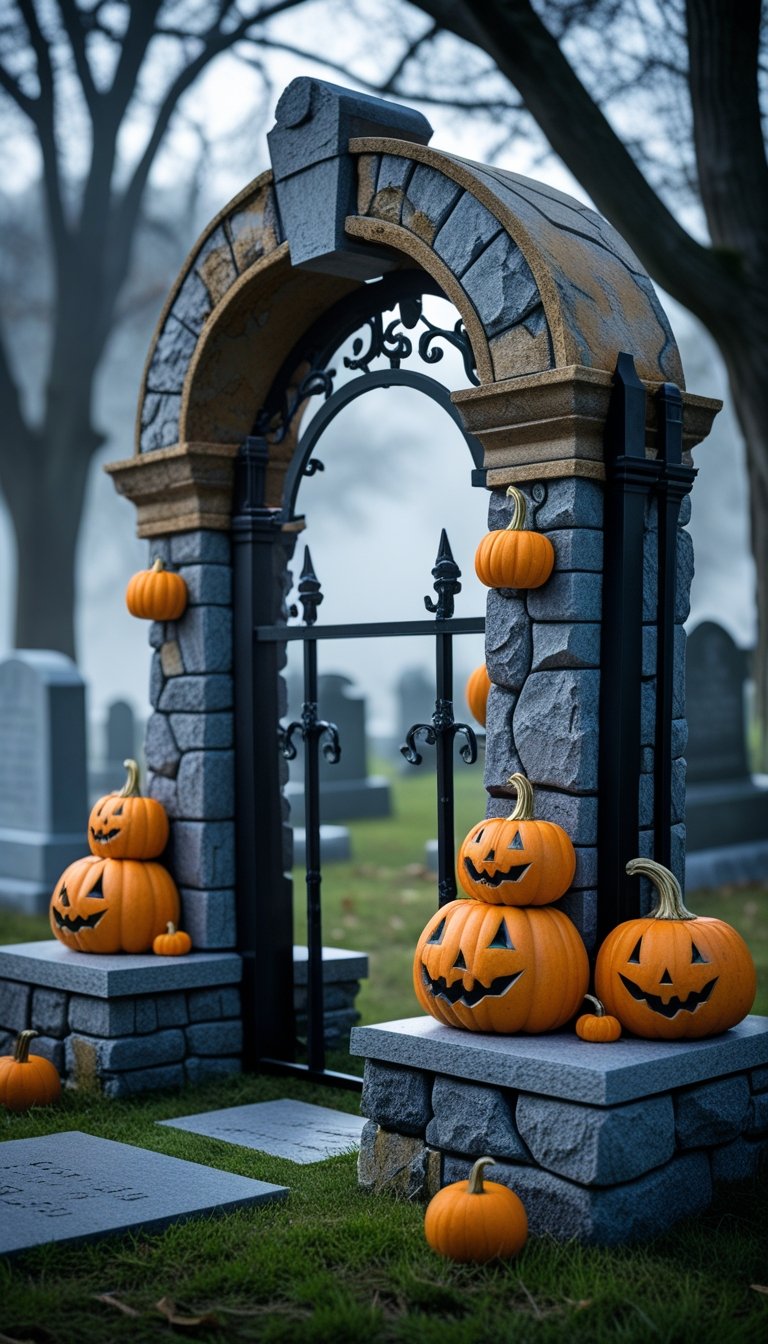 A Halloween cemetery arch decorated with realistic stone, iron, and pumpkins surrounded by tombstones and fog.