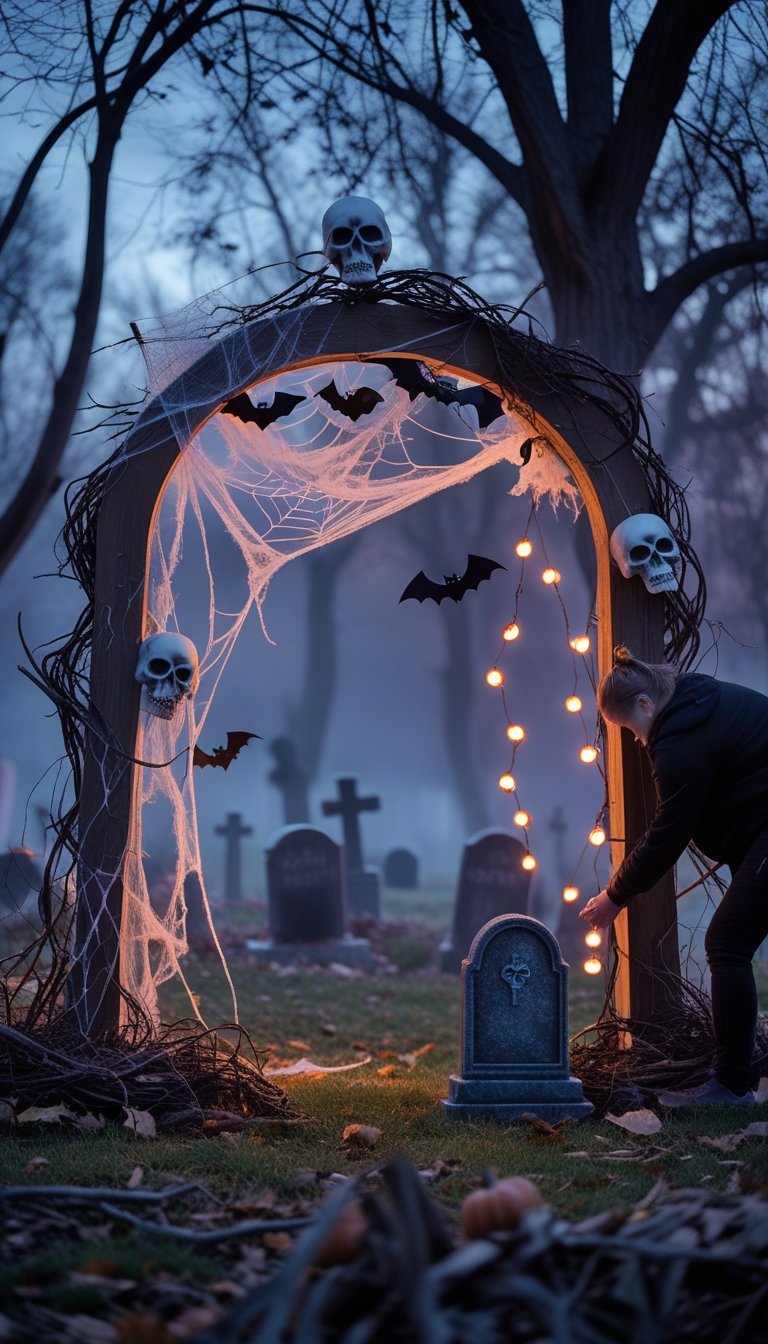 A Halloween cemetery arch decorated with cobwebs, skulls, bats, and glowing lights in a foggy graveyard setting.