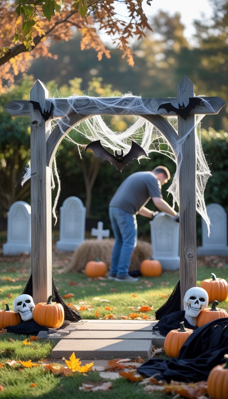 Person assembling a Halloween cemetery arch outdoors with tombstones and autumn leaves around.