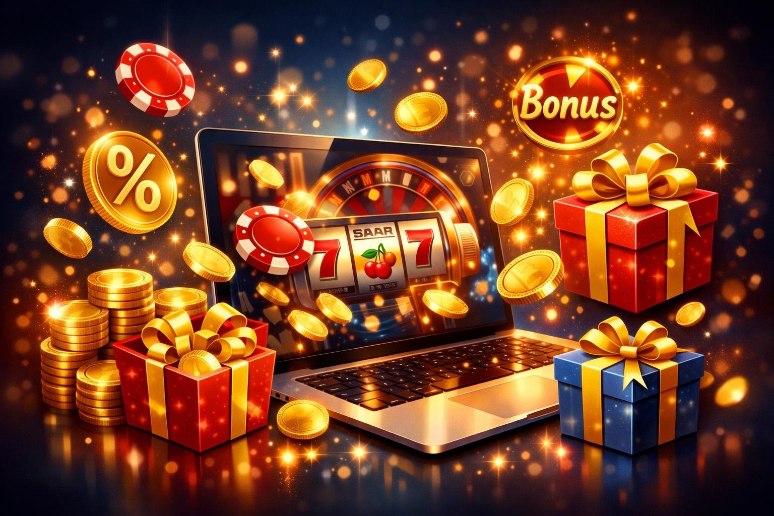 A Digital Casino Scene With A Laptop Or Smartphone Surrounded By Floating Coins, Chips, Gift Boxes, And Percentage Symbols Representing Bonus Offers.