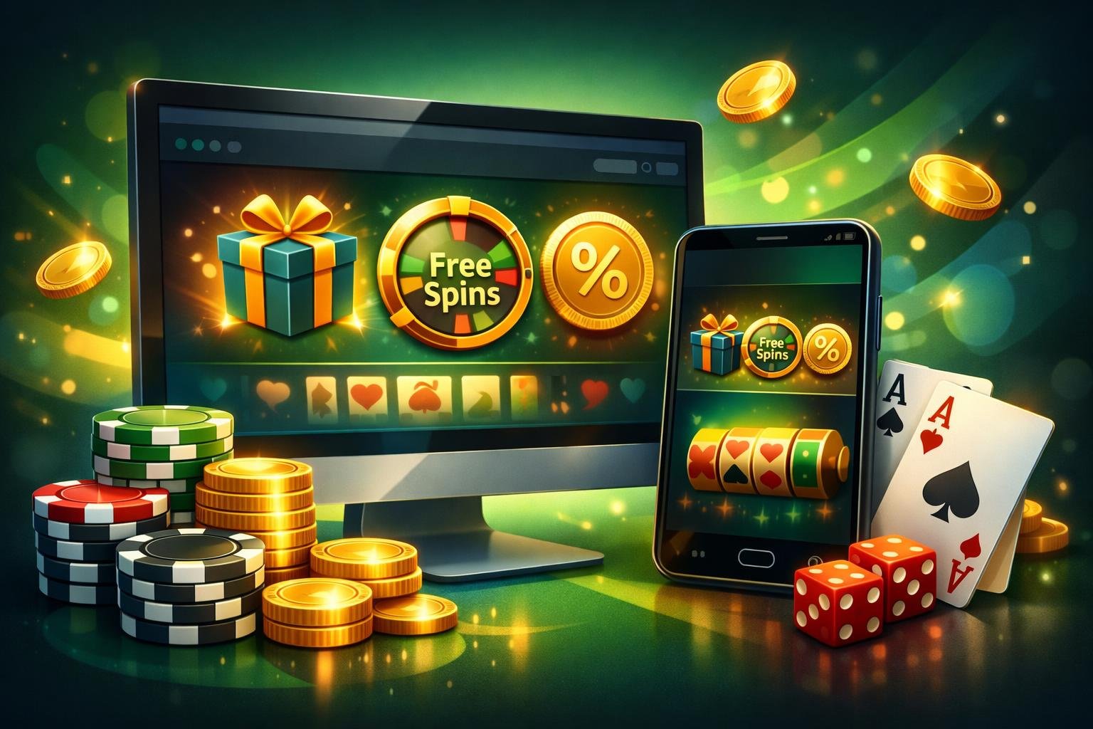 A Computer Screen And Smartphone Showing Online Casino Bonus Icons Surrounded By Poker Chips, Playing Cards, And Coins.