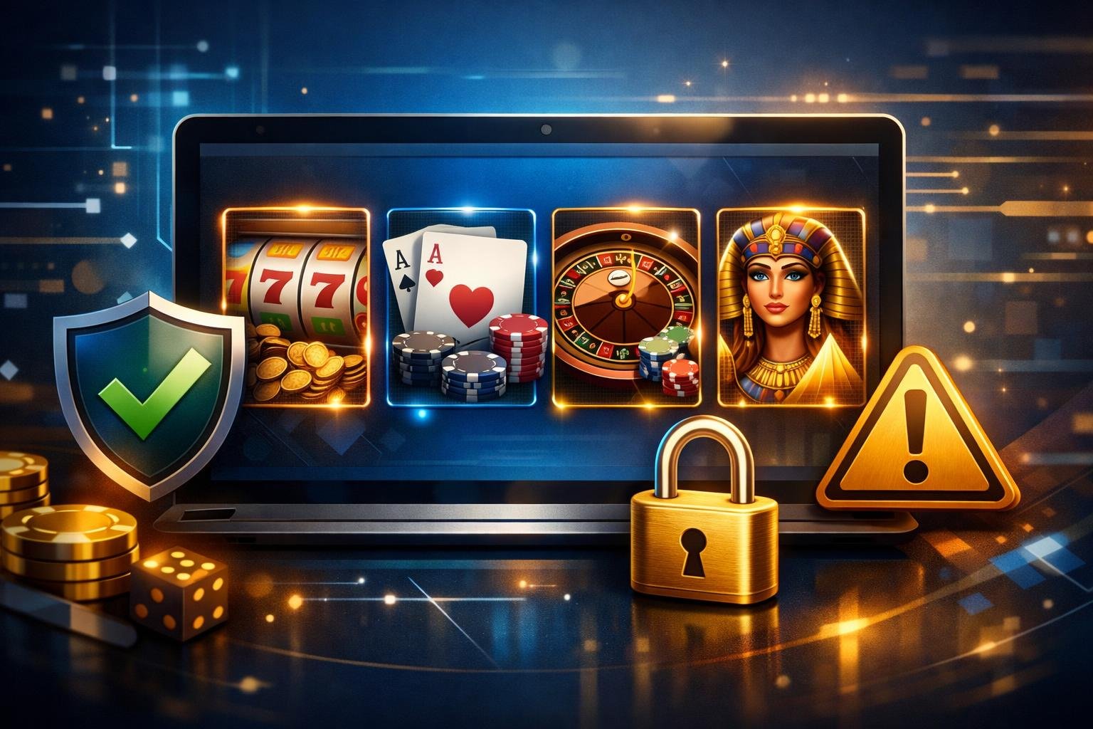 A Computer Screen Showing Various Casino Games Like Slots, Poker, And Roulette With Icons Representing Security And Restrictions Around It.