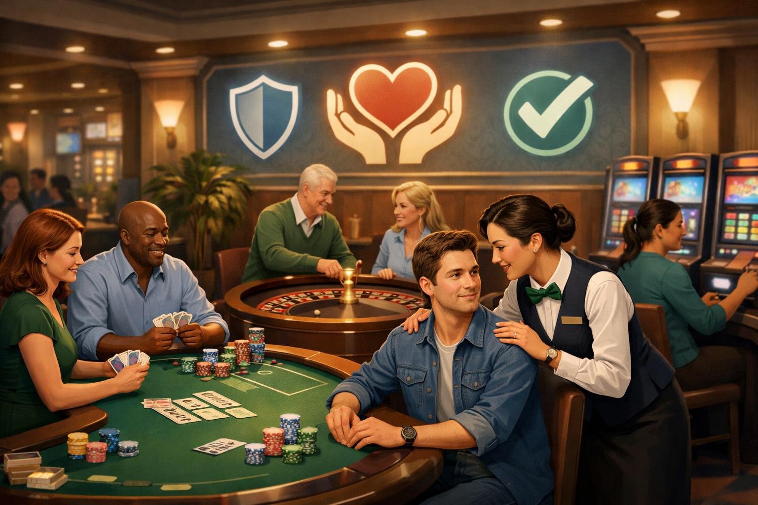 A Casino Scene Showing People Playing Games Like Poker, Roulette, And Slots With A Staff Member Offering Support, Conveying Responsible Gambling And Player Safety.