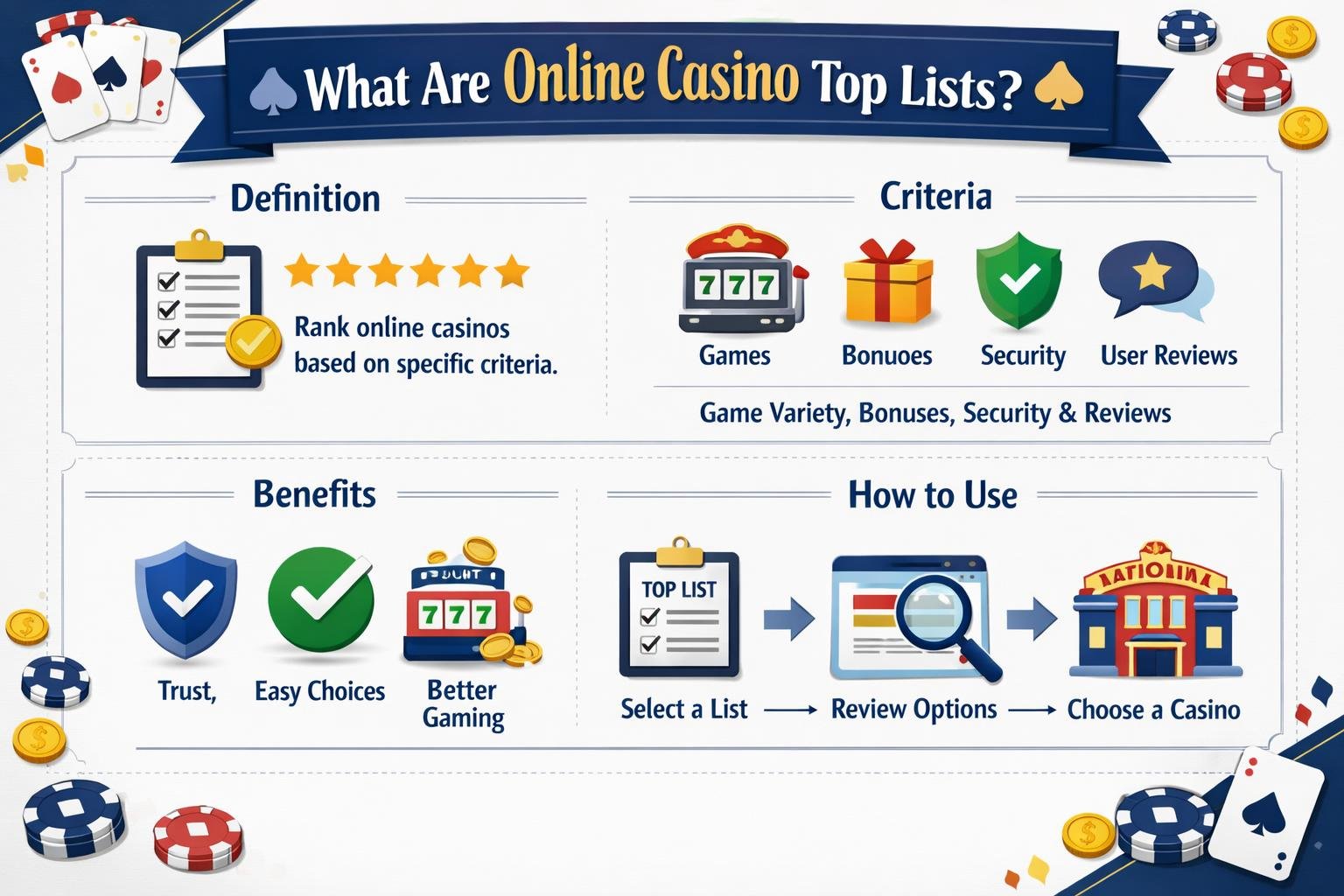 A Computer Screen Showing A Ranked List Of Online Casino Logos With Star Ratings, Surrounded By Poker Chips And Playing Cards.