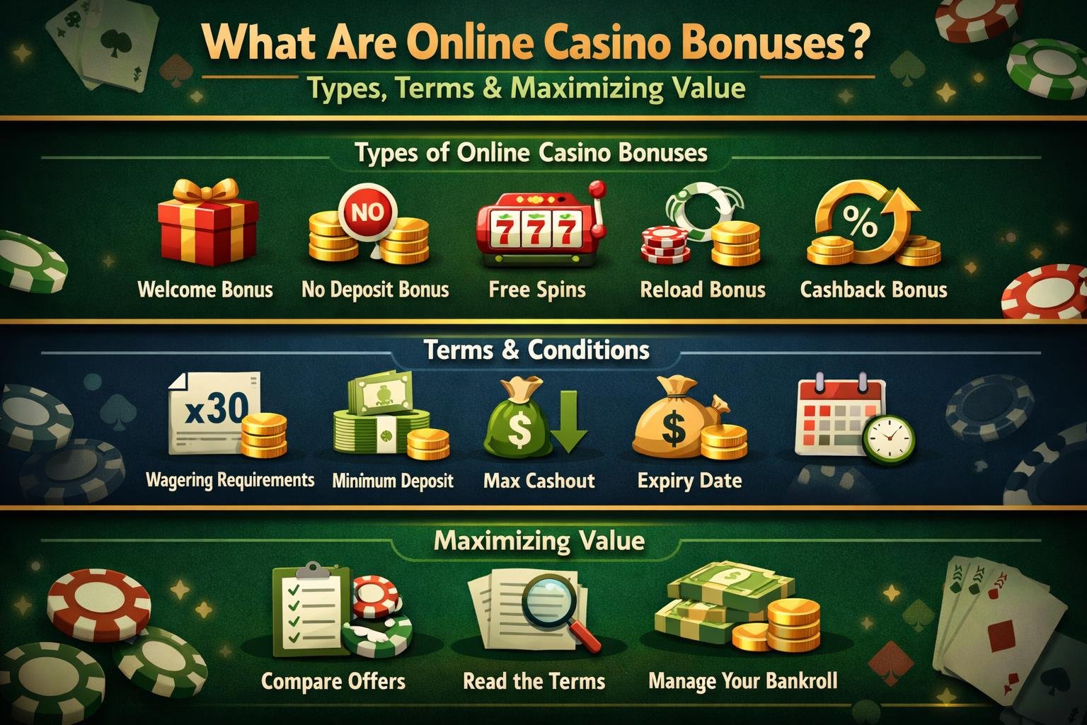 An Infographic Illustration Showing The What Different Casino Bonuses Are, Their Terms And Conditions, How To Maximize The Bonus Value.