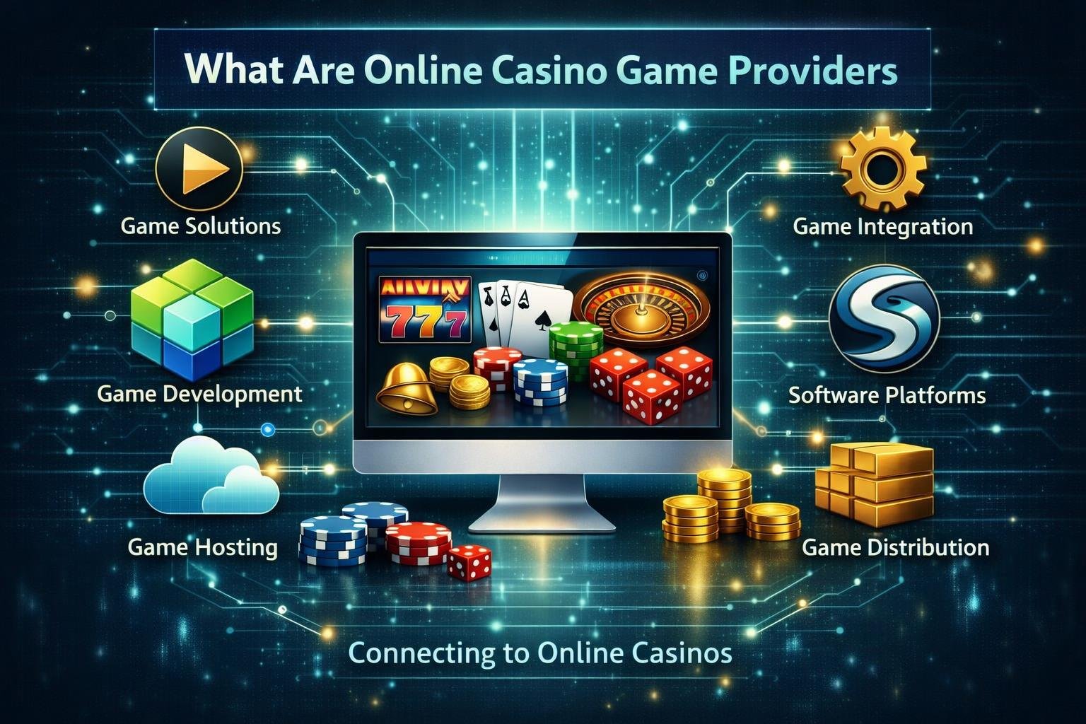 A Computer Screen Showing Various Online Casino Games With Connected Icons Representing Game Providers And Digital Network Elements.