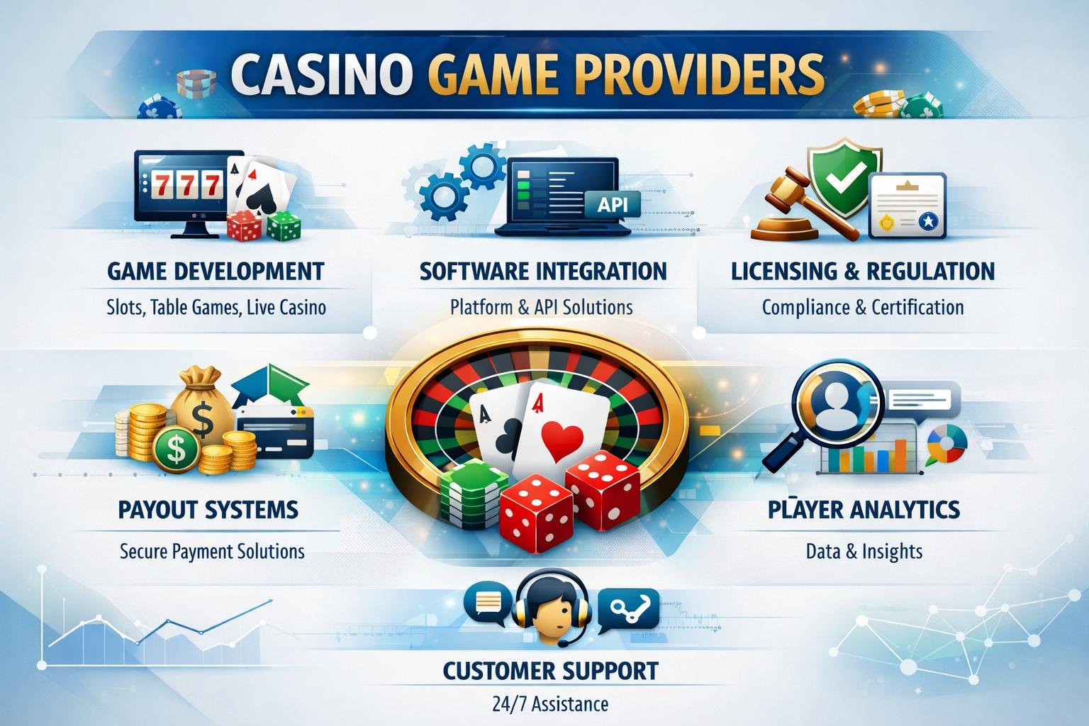 A Group Of Professionals Collaborating Around Floating Digital Screens Showing Casino Games And Coding Elements, With A Holographic Globe Symbolizing Global Online Connectivity.