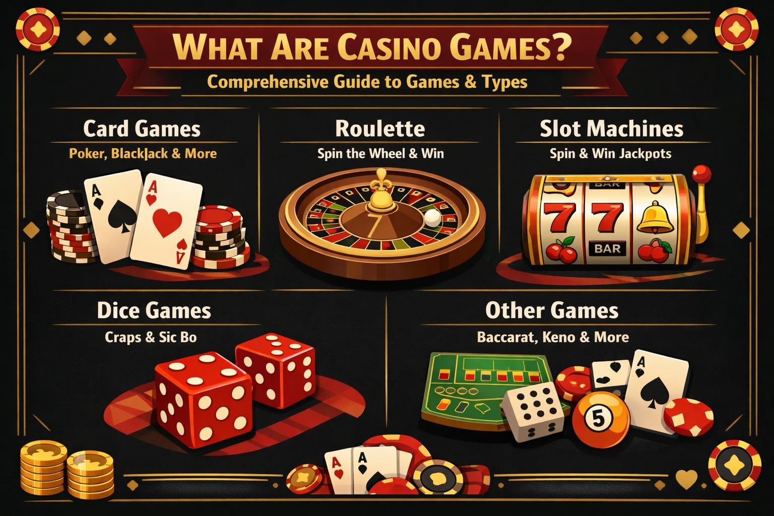 A Casino Interior Showing Various Games Including A Spinning Roulette Wheel, Blackjack Table With Cards And Chips, Active Slot Machines, And A Craps Table With Dice And Players.