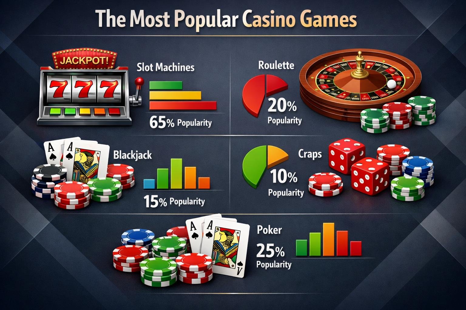 Infographic Showing The Most Popular Casino Games Including Slot Machines, Roulette, Blackjack, Craps, And Poker