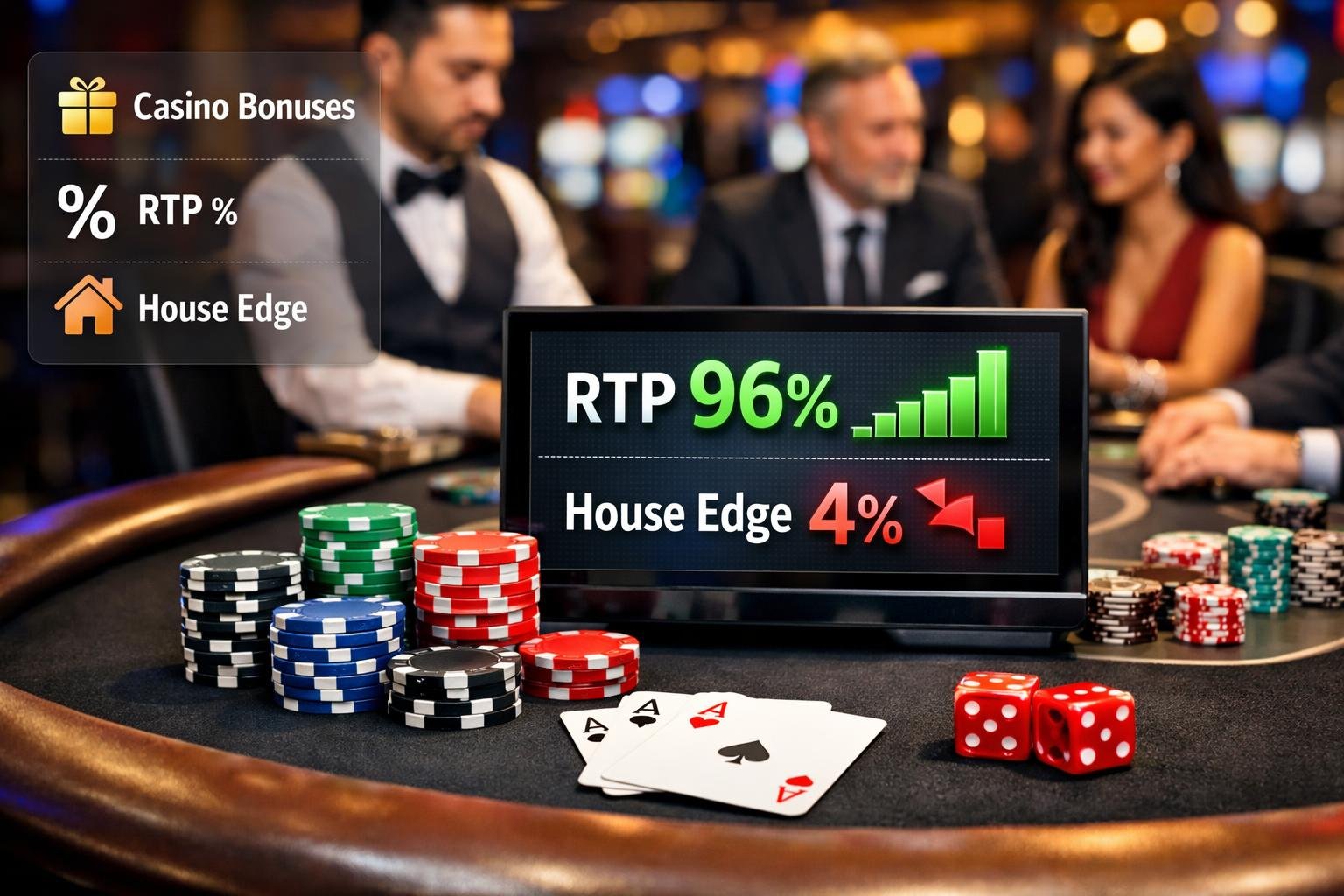A Detailed Illustration Showing Casino Elements Like Poker Chips, Playing Cards, A Roulette Wheel, And Slot Machines With Symbols Representing Bonuses, Return To Player, And House Edge.