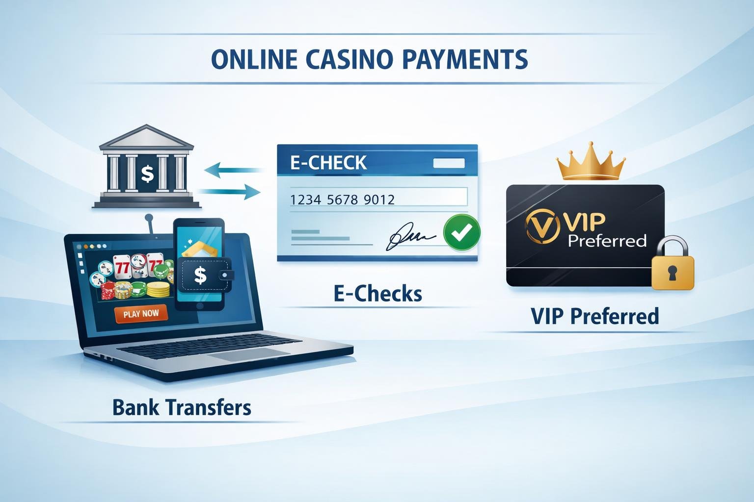 Illustration Showing Digital Icons For Bank Transfers, Electronic Checks, And Vip Preferred Payments Connected To A Laptop And Smartphone.