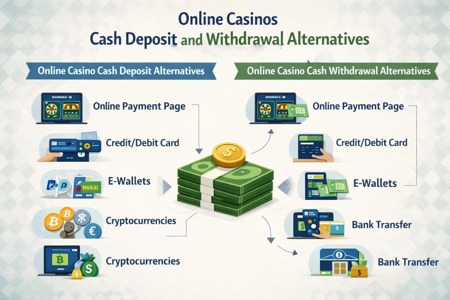 A Digital Device Showing Various Online Casino Payment Options Including Credit Cards, EWallets, Bank Transfers, And Cryptocurrencies With Floating Cash And Coins Around It.