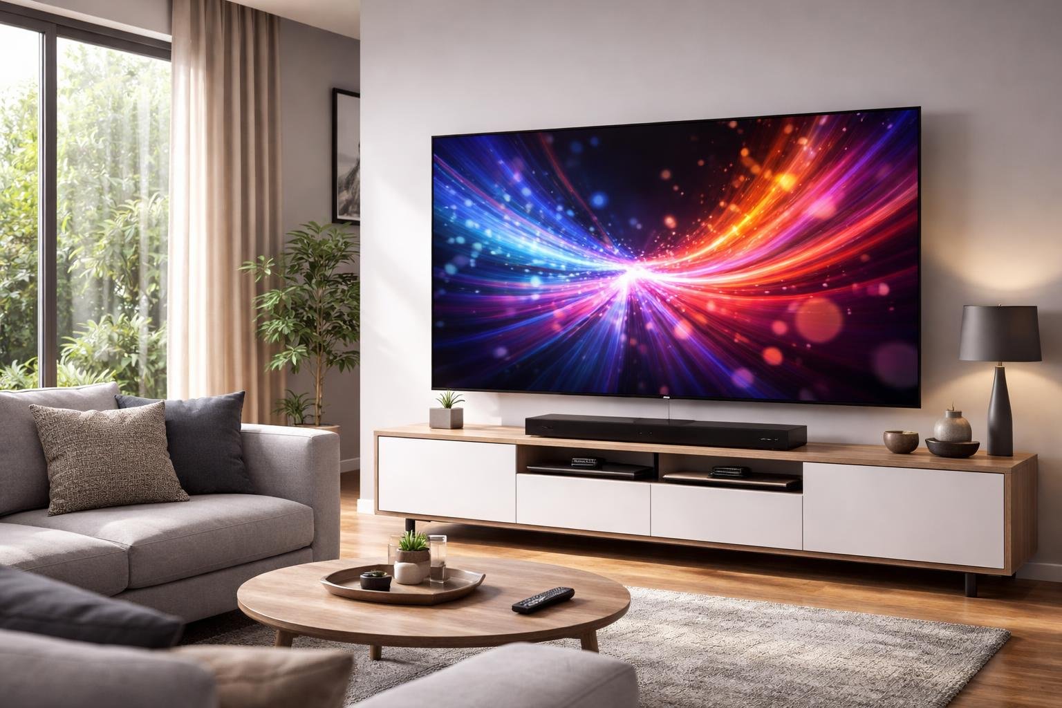 A modern living room with a large flat-screen television displaying colorful visuals, surrounded by contemporary furniture and natural lighting.