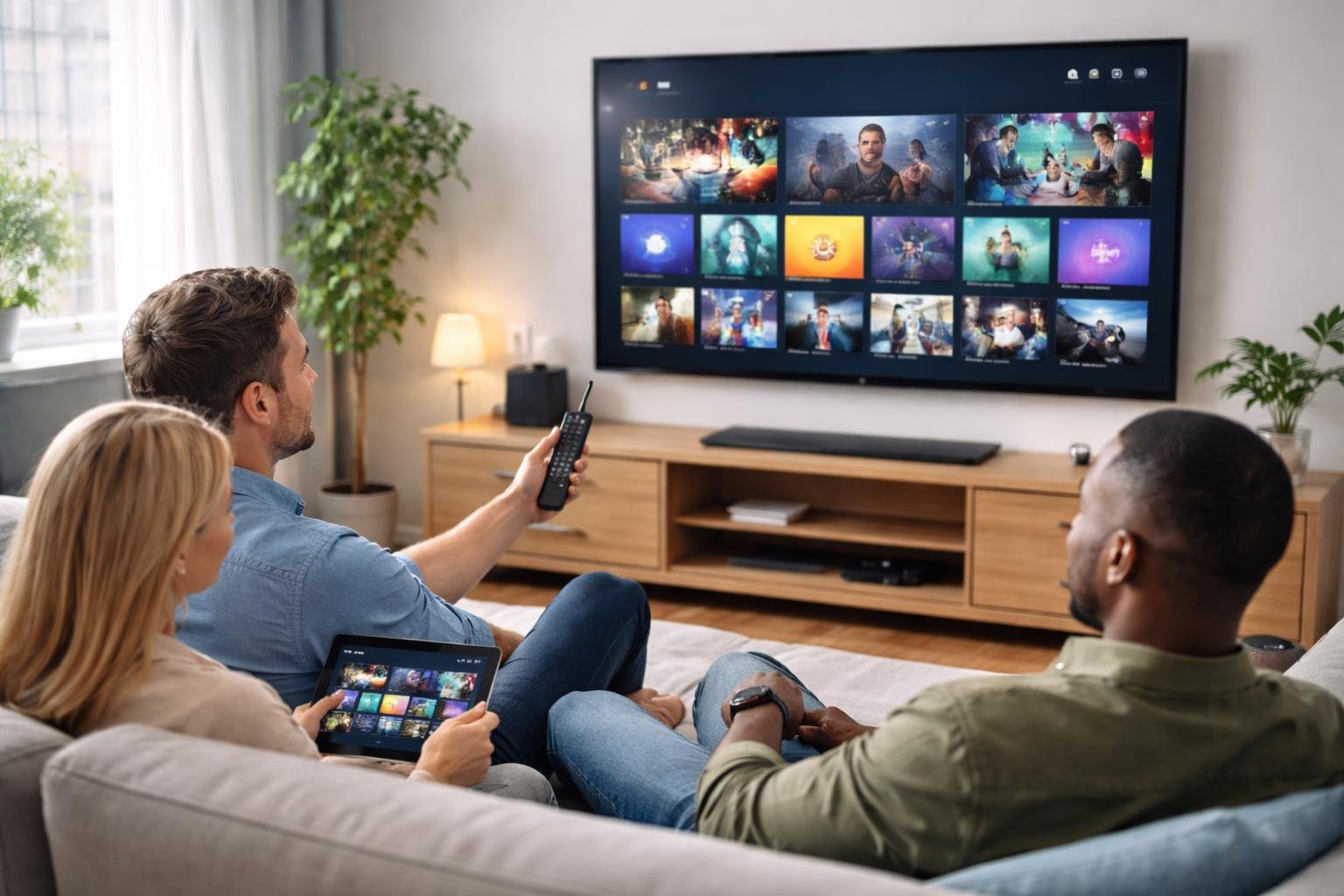 Three adults sitting on a sofa in a living room watching a smart TV displaying streaming content with colorful icons.