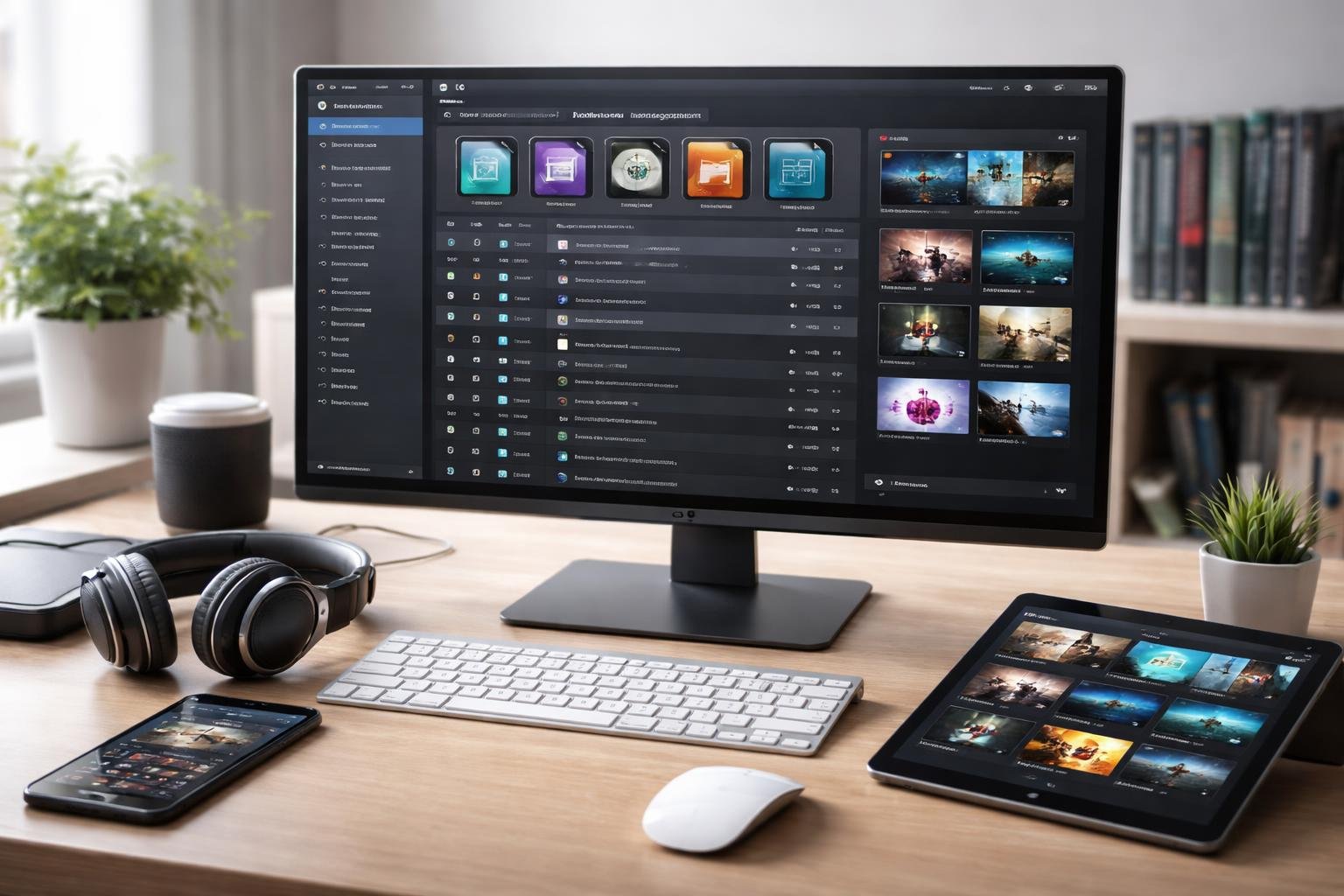 A modern workspace with a computer showing a media playlist interface, surrounded by headphones, smartphone, and tablet on a clean desk.