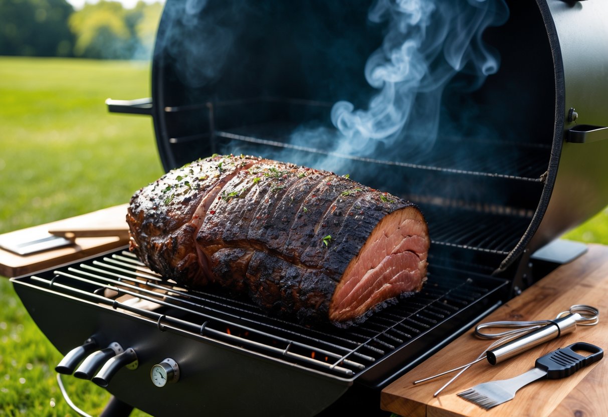 A brisket smoking inside an outdoor offset smoker with barbecue tools nearby and smoke rising.