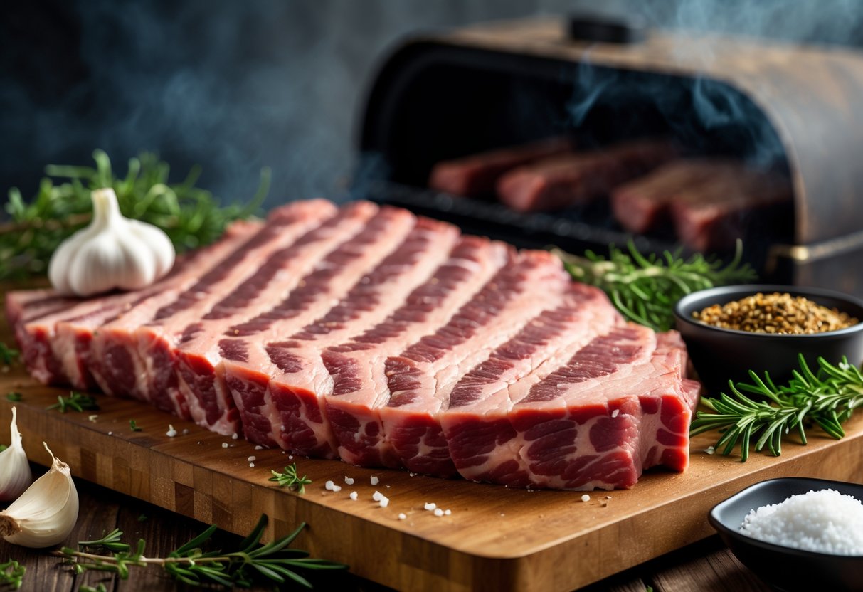 Close-up of raw brisket cuts on a wooden board with herbs, spices, and a smoker in the background.