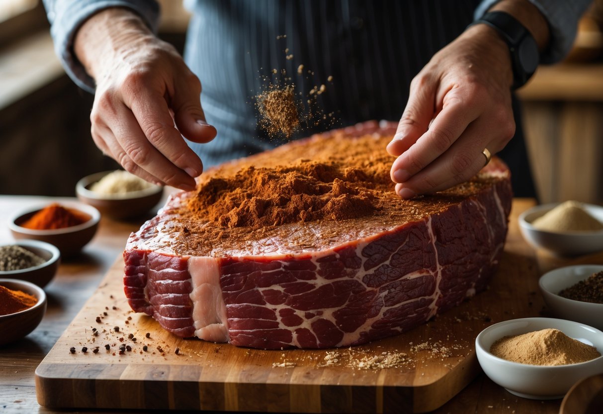 Hands seasoning a raw brisket with spices on a wooden board surrounded by bowls of spices.