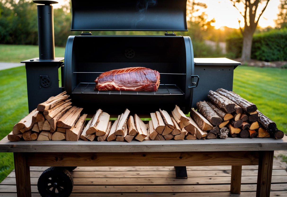 An outdoor smoker grill with a raw brisket inside and different types of wood logs and chips arranged nearby on a wooden table.