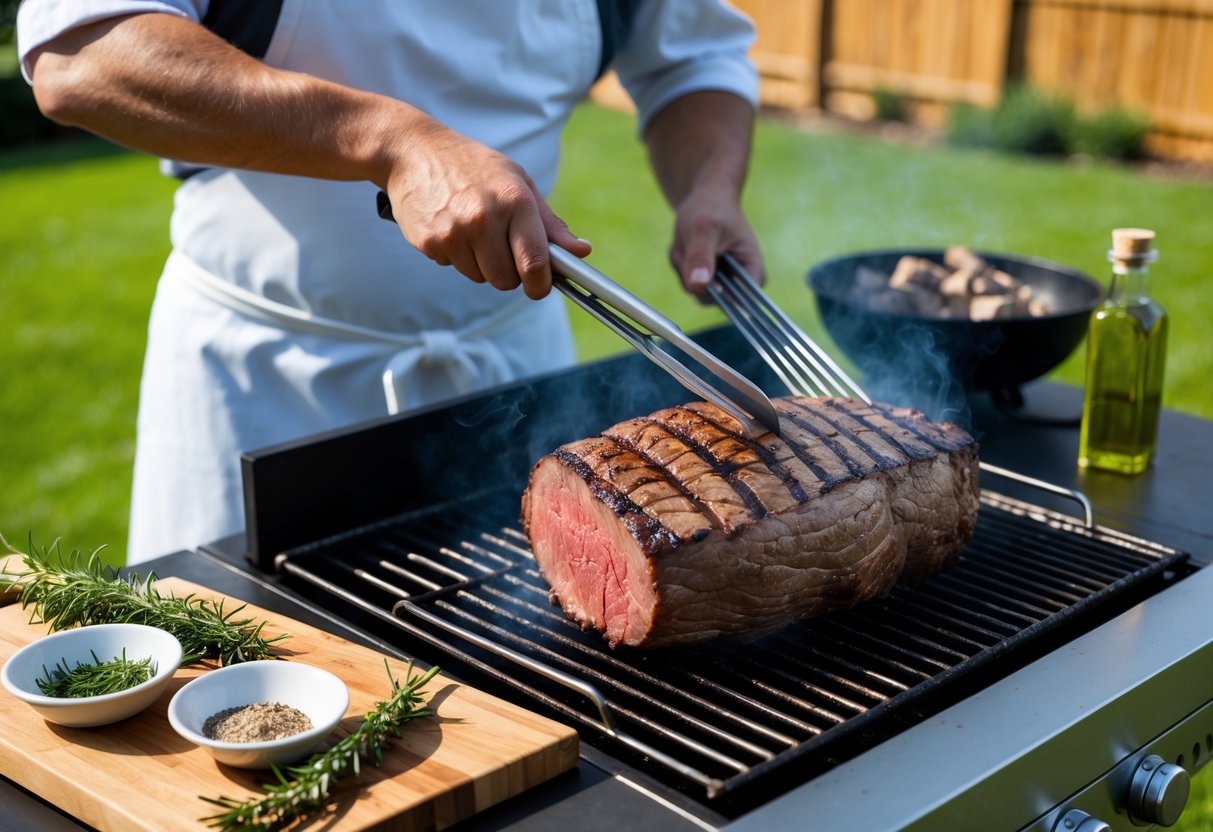 A chef grilling a whole beef tenderloin on an outdoor barbecue grill in a sunny backyard.