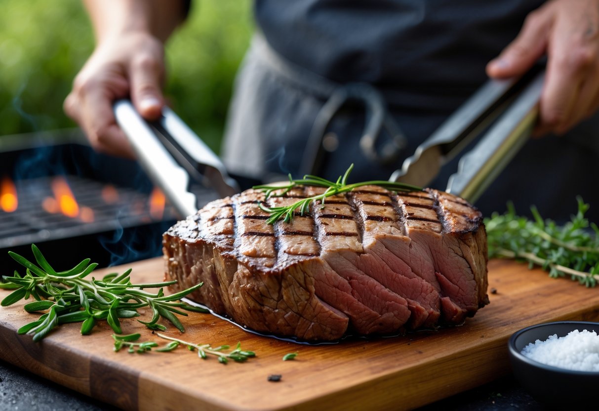 A grilled beef tenderloin resting on a wooden cutting board with herbs and a person grilling in the background.