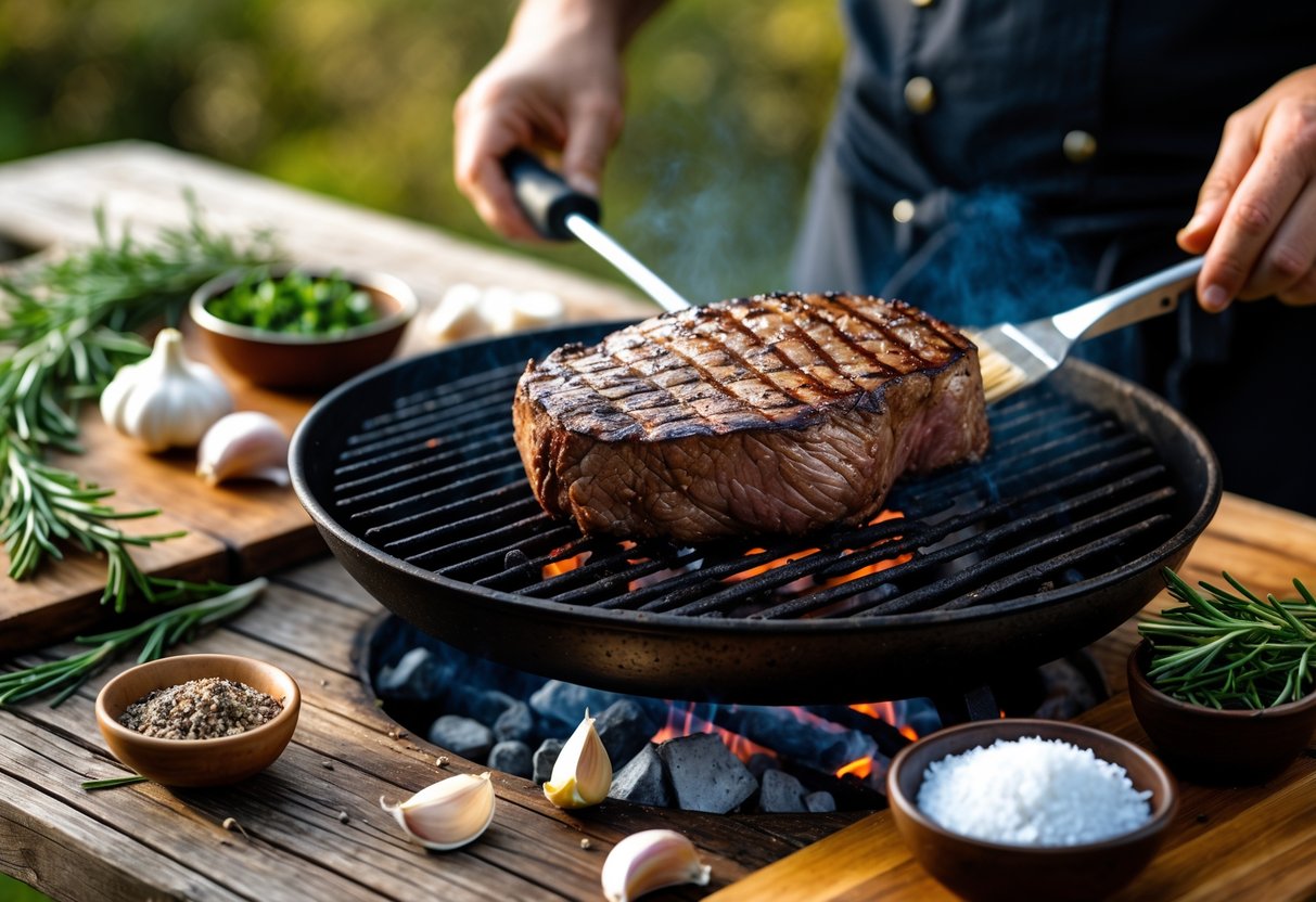 A chef grilling a beef tenderloin on a charcoal grill with seasonings and herbs arranged nearby.