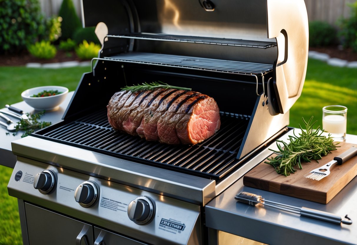 An outdoor grill with a beef tenderloin cooking on the grates, surrounded by grilling tools and fresh herbs.
