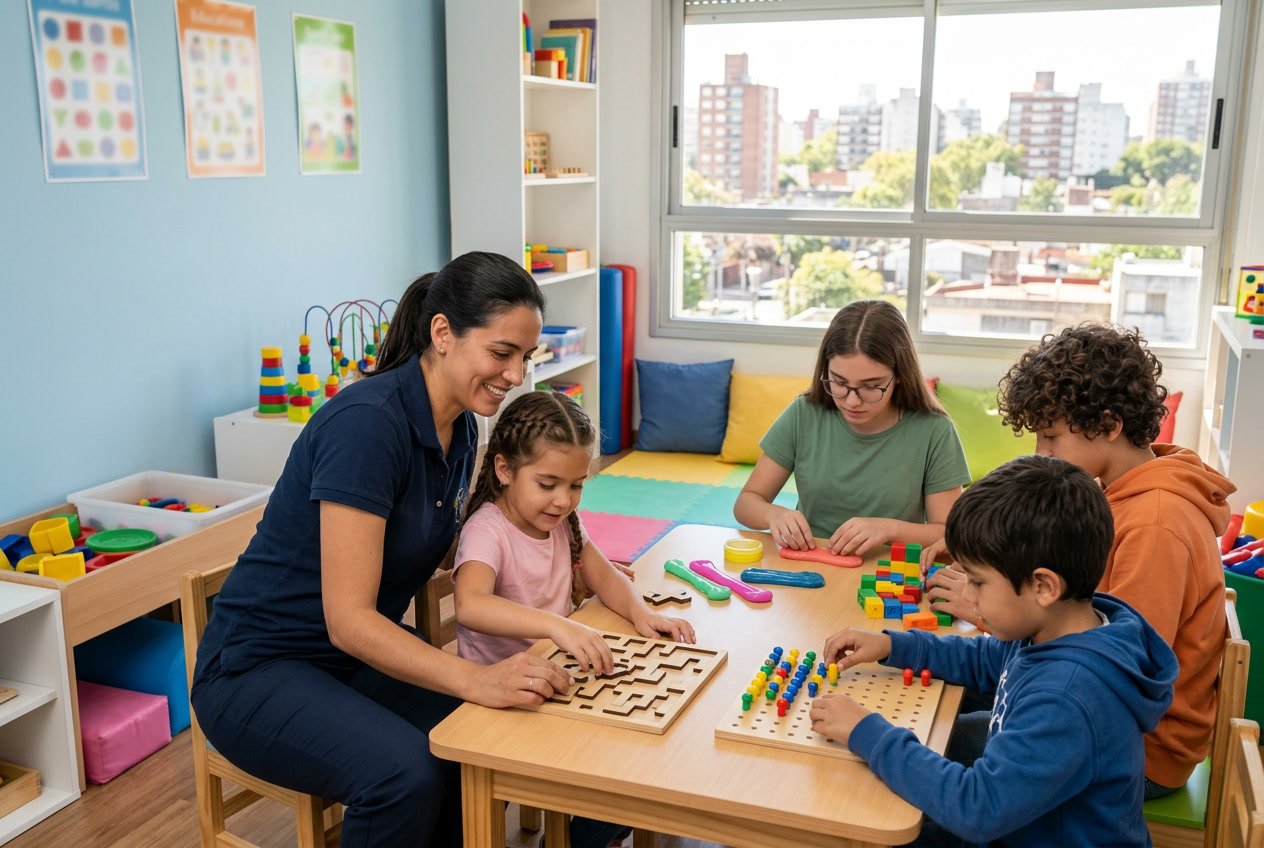 Terapeuta ocupacional atendiendo a niños y adolescentes en una sala luminosa con juguetes y materiales terapéuticos.
