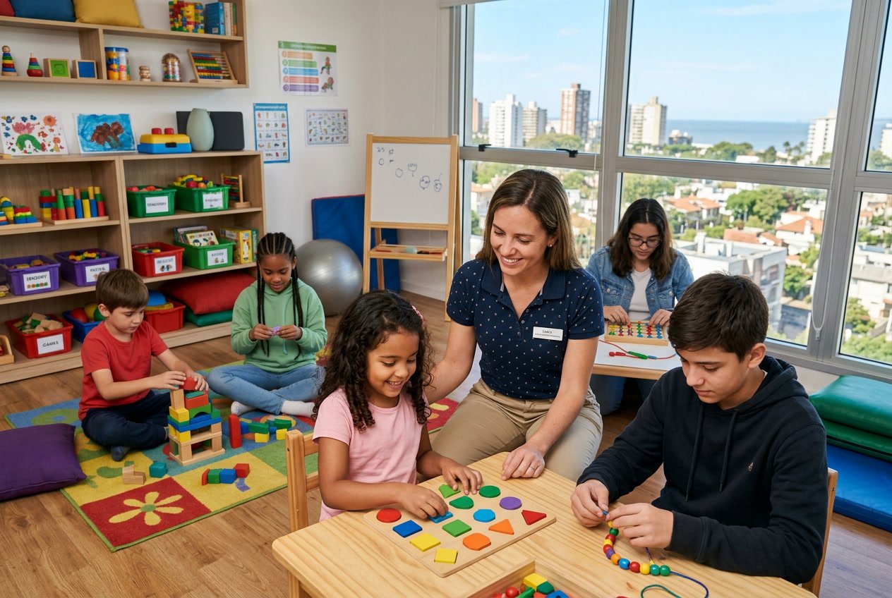 Una terapeuta ocupacional interactuando con niños y adolescentes en una sala de terapia luminosa y acogedora, realizando actividades con juguetes y materiales educativos.