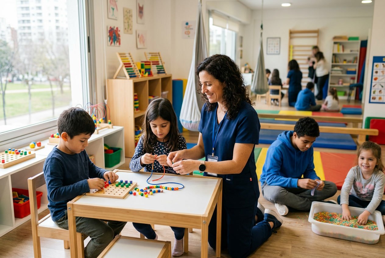 Un terapeuta ocupacional trabajando con niños y adolescentes en una sala de terapia luminosa y equipada con juguetes y herramientas educativas.