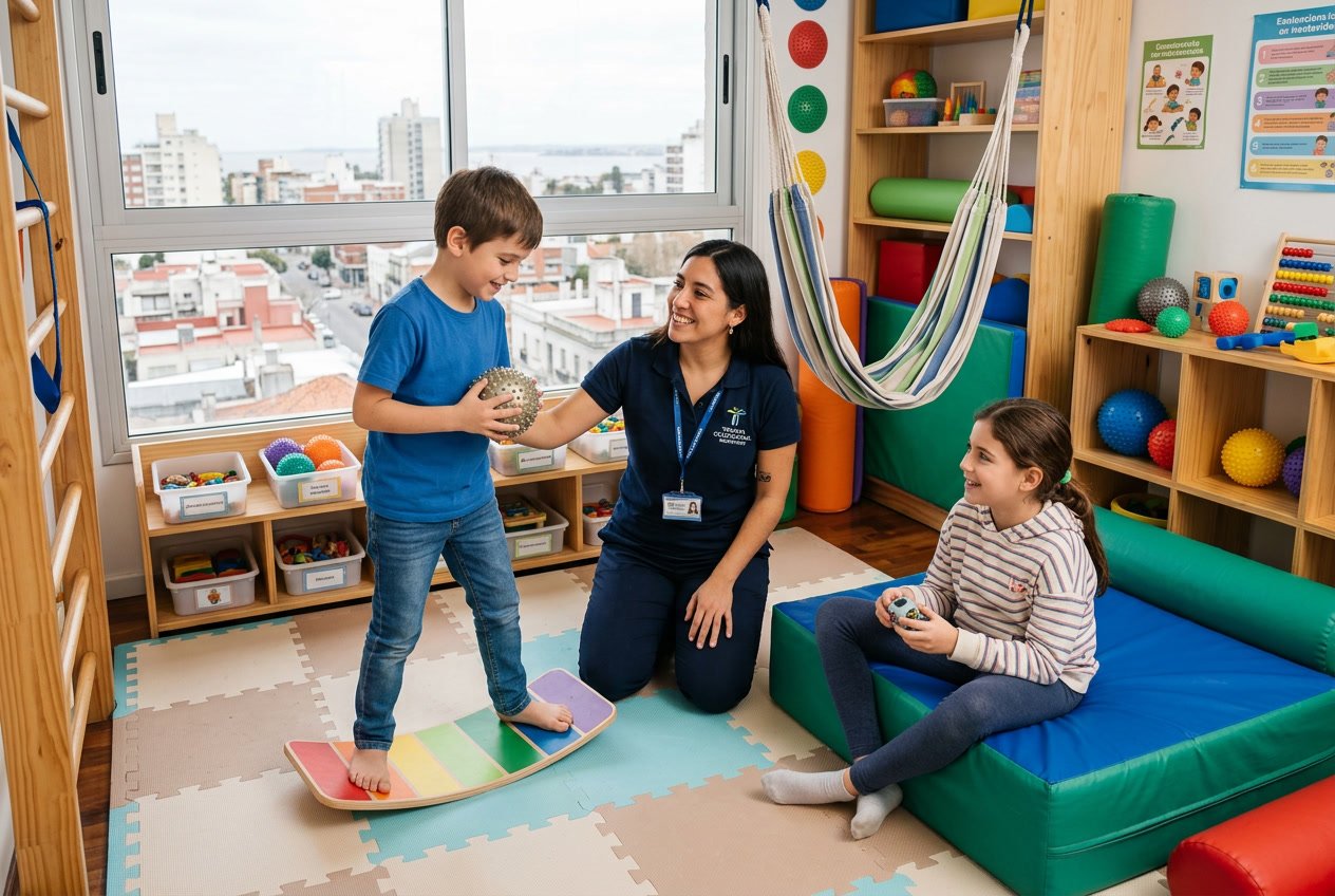 Una terapeuta ocupacional trabajando con dos niños en una sala de terapia equipada con materiales sensoriales y juguetes, en Montevideo.