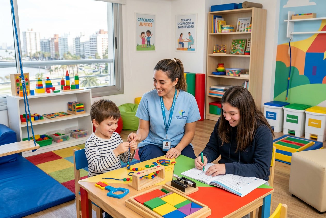 Una terapeuta ocupacional trabajando con un niño y un adolescente en una sala luminosa con juguetes y materiales adaptados para terapia.