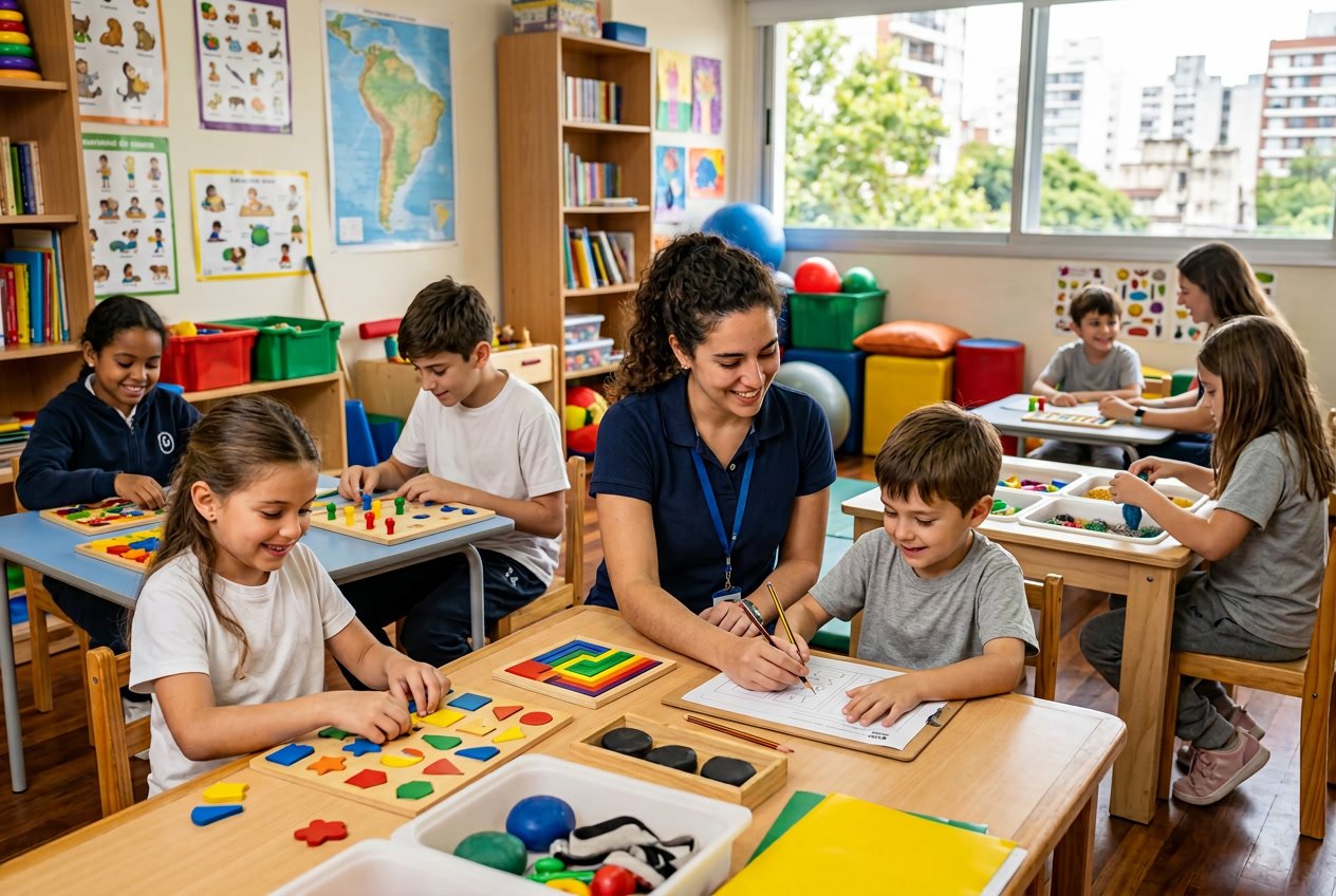 Niños y adolescentes en una sesión de terapia ocupacional en un aula, guiados por una terapeuta, mostrando concentración y confianza.