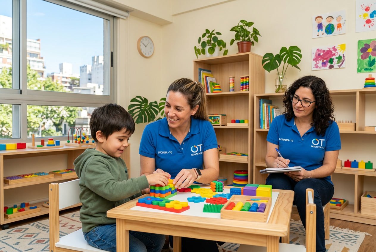 Equipo especializado realizando terapia ocupacional con niños y adolescentes en una clínica luminosa y moderna.