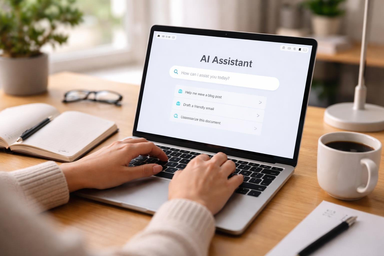 A person typing on a laptop at a desk with a notebook and coffee cup in a bright office environment.