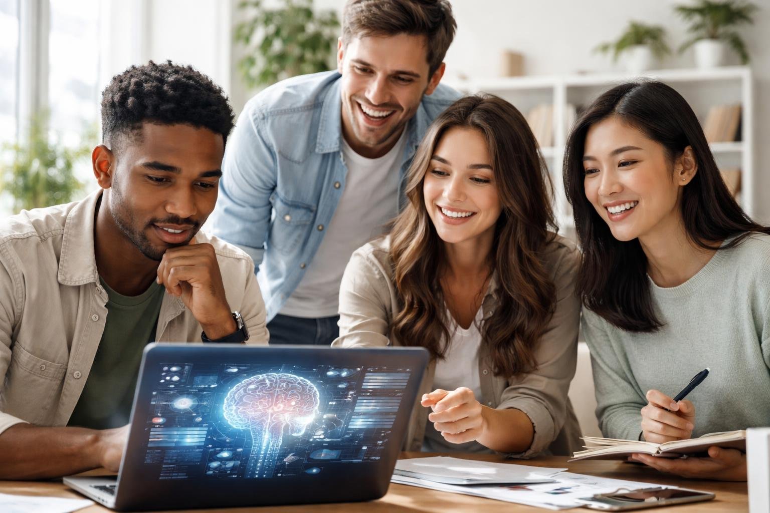 A group of young adults collaborating around a laptop in a bright office, discussing ideas and looking engaged.