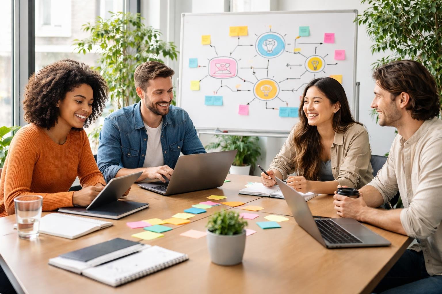 A group of young adults sitting around a table using laptops and tablets, discussing ideas in a bright office space.